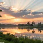 Paisagem tranquila com um amanhecer ao fundo, luz suave iluminando o céu, e a natureza serena ao redor de um lago calmo, simbolizando reflexão e oração.
