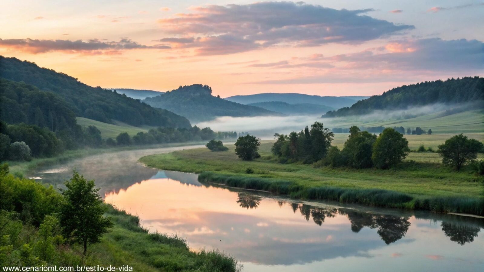 Paisagem tranquila com luz da manhã, refletindo a ideia de reflexão e crescimento espiritual.