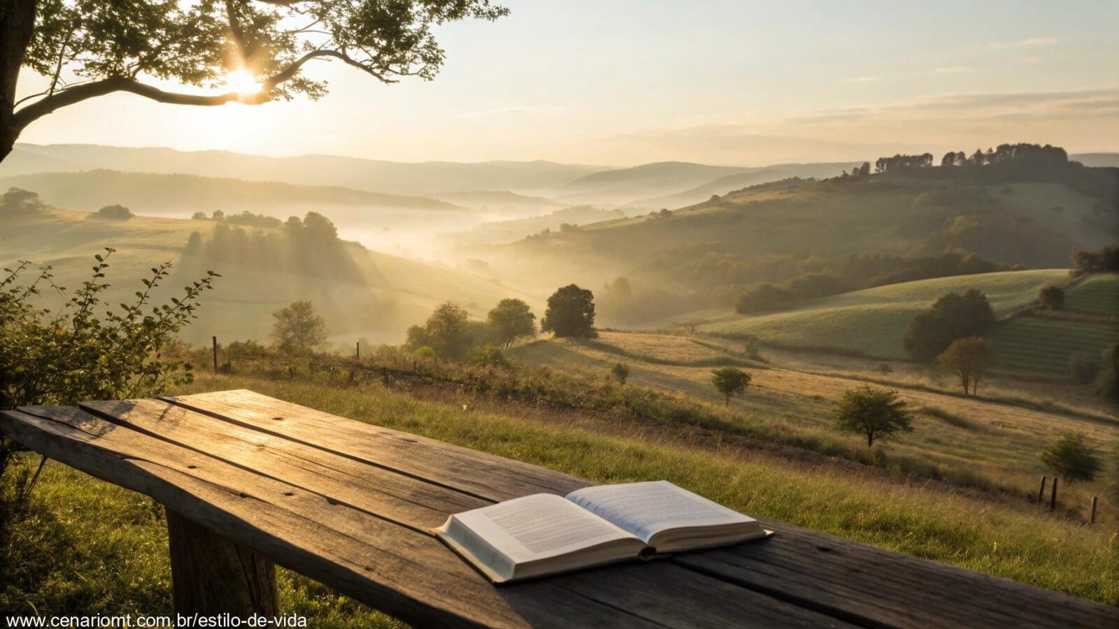 Paisagem serena ao nascer do sol com uma Bíblia aberta em uma mesa de madeira, cercada por luz suave e natureza