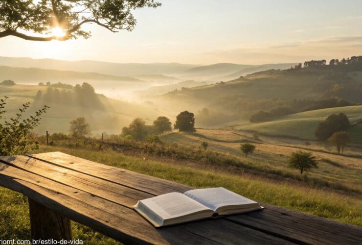 Paisagem serena ao nascer do sol com uma Bíblia aberta em uma mesa de madeira, cercada por luz suave e natureza