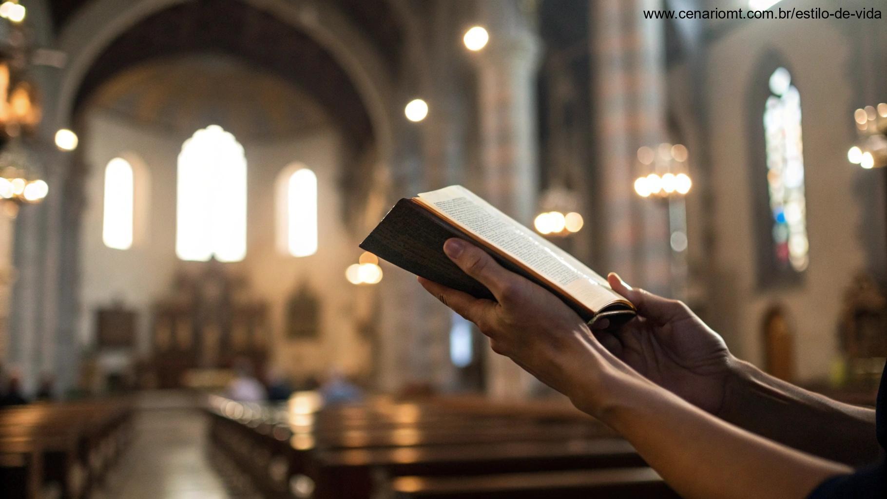 Close-up de uma mão segurando uma pequena Bíblia desgastada com um versículo destacado, cercada por uma luz suave e um fundo desfocado de um interior de igreja