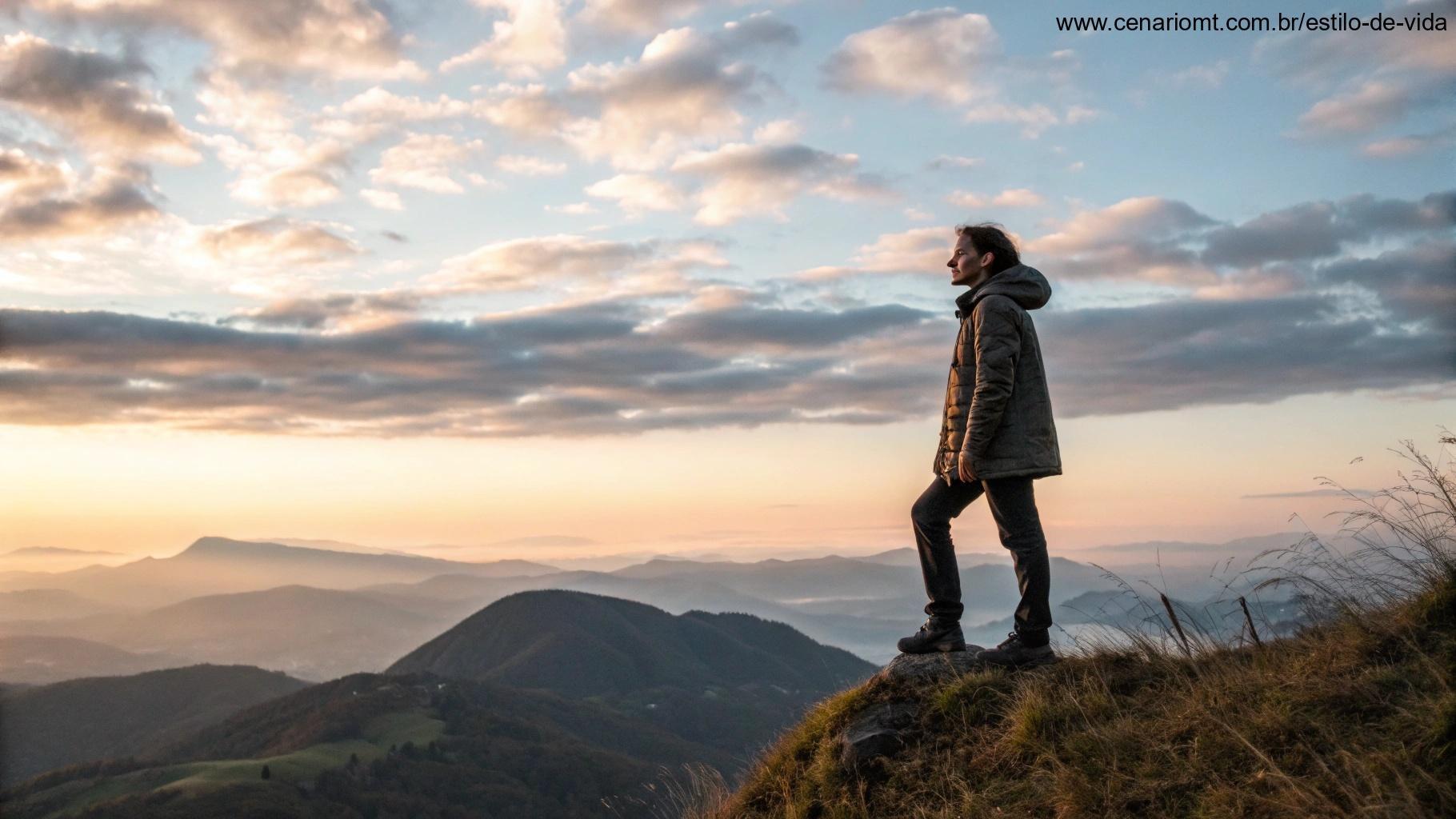 Uma pessoa em pé no topo de uma montanha ao amanhecer, olhando a vastidão da paisagem, sentindo-se inspirada e pronta para o dia, com cores suaves e quentes no céu