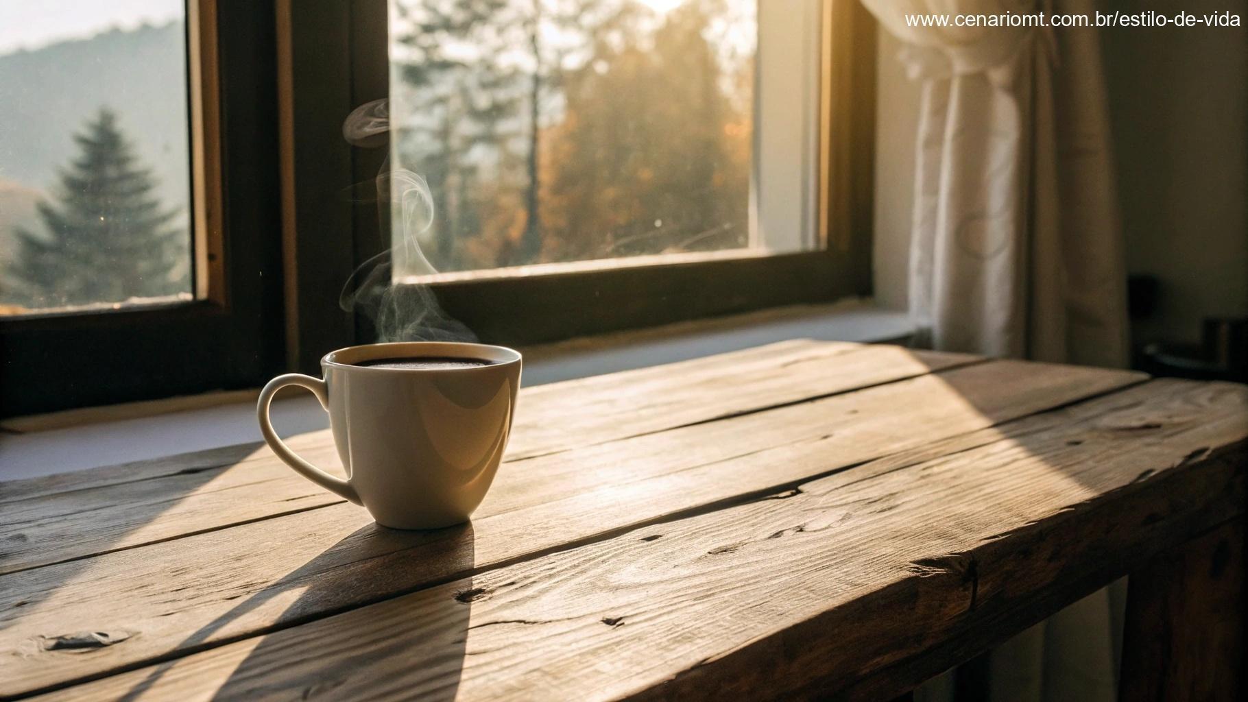 Imagem de uma xícara de café quente sobre uma mesa de madeira, com luz suave da manhã entrando pela janela, criando um clima acolhedor e carinhoso para o domingo.