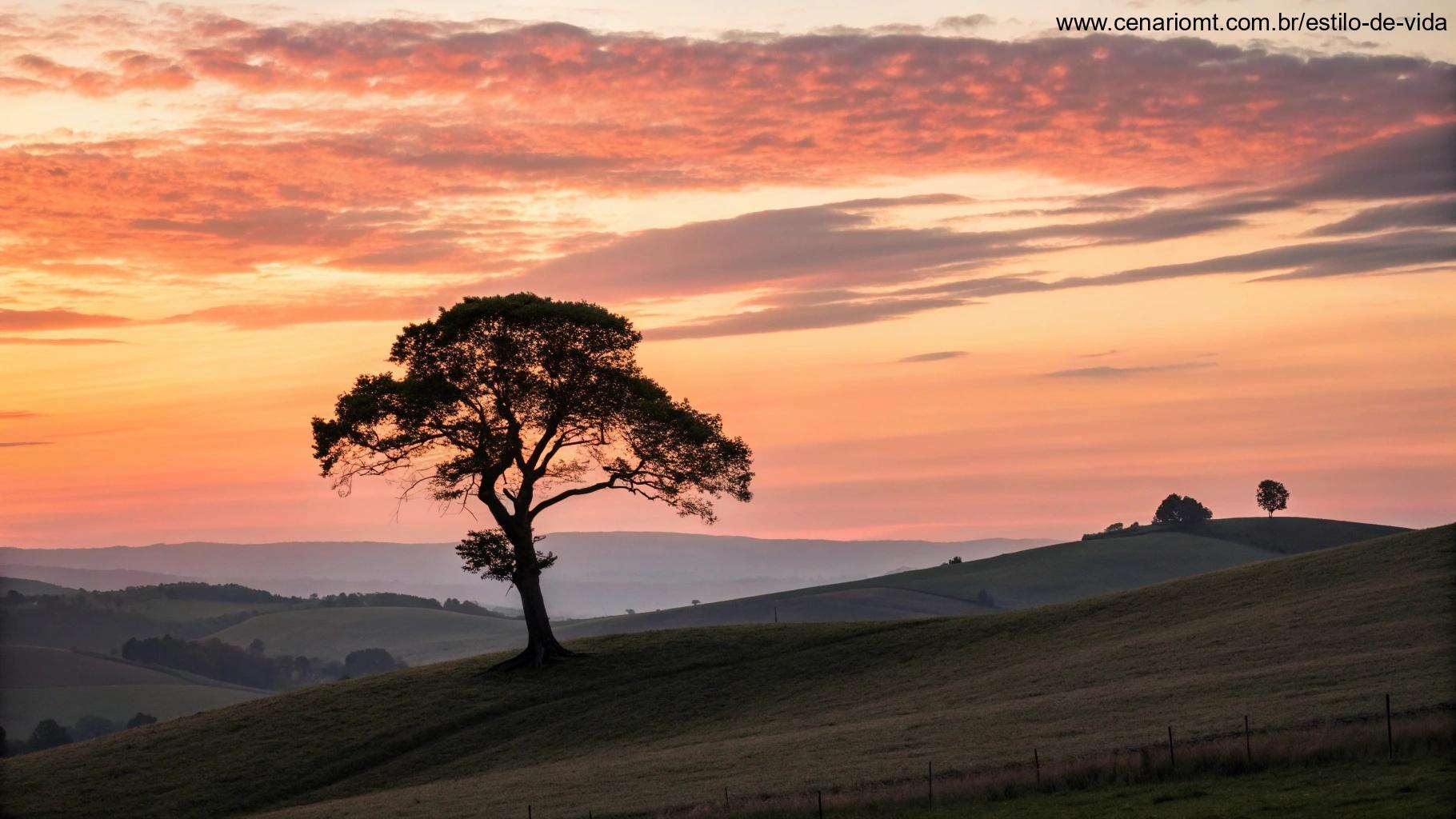 Paisagem serena com uma árvore sozinha em uma colina durante o pôr do sol, o céu pintado em tons quentes de laranja e rosa, evocando uma sensação de paz e força interior.