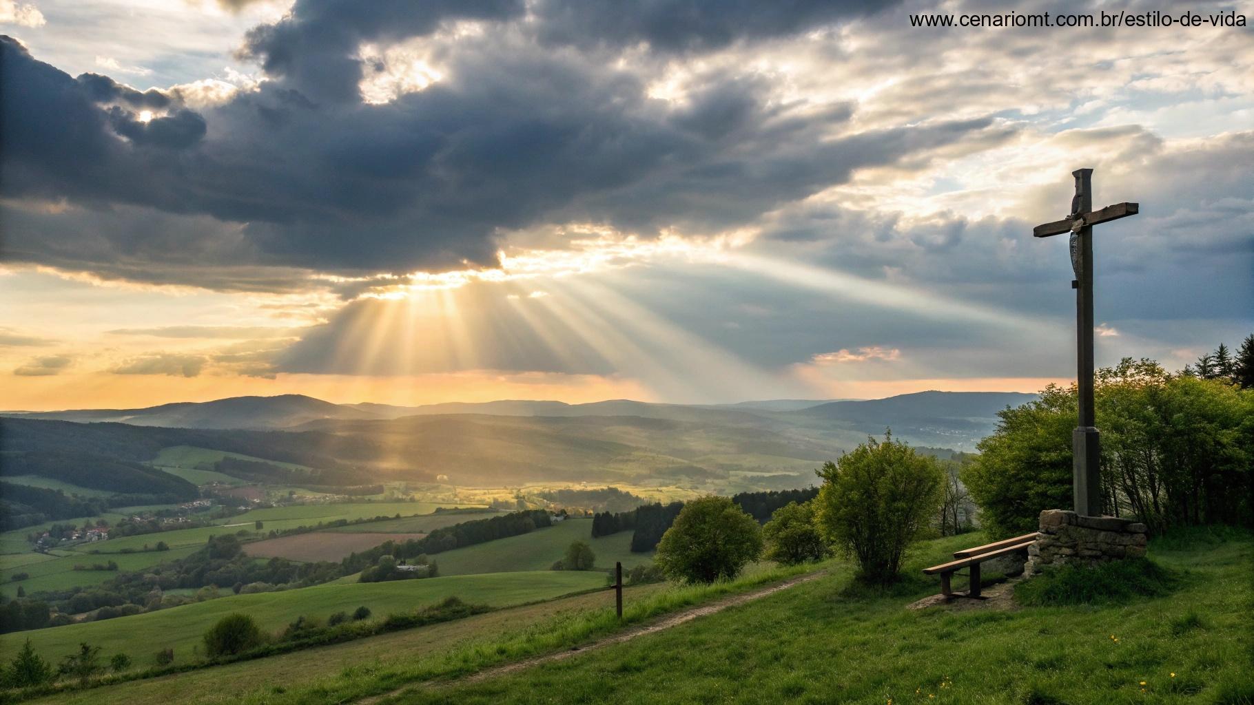 Nascer do sol sobre o campo, com raios de luz atravessando as nuvens e uma cruz ao fundo.