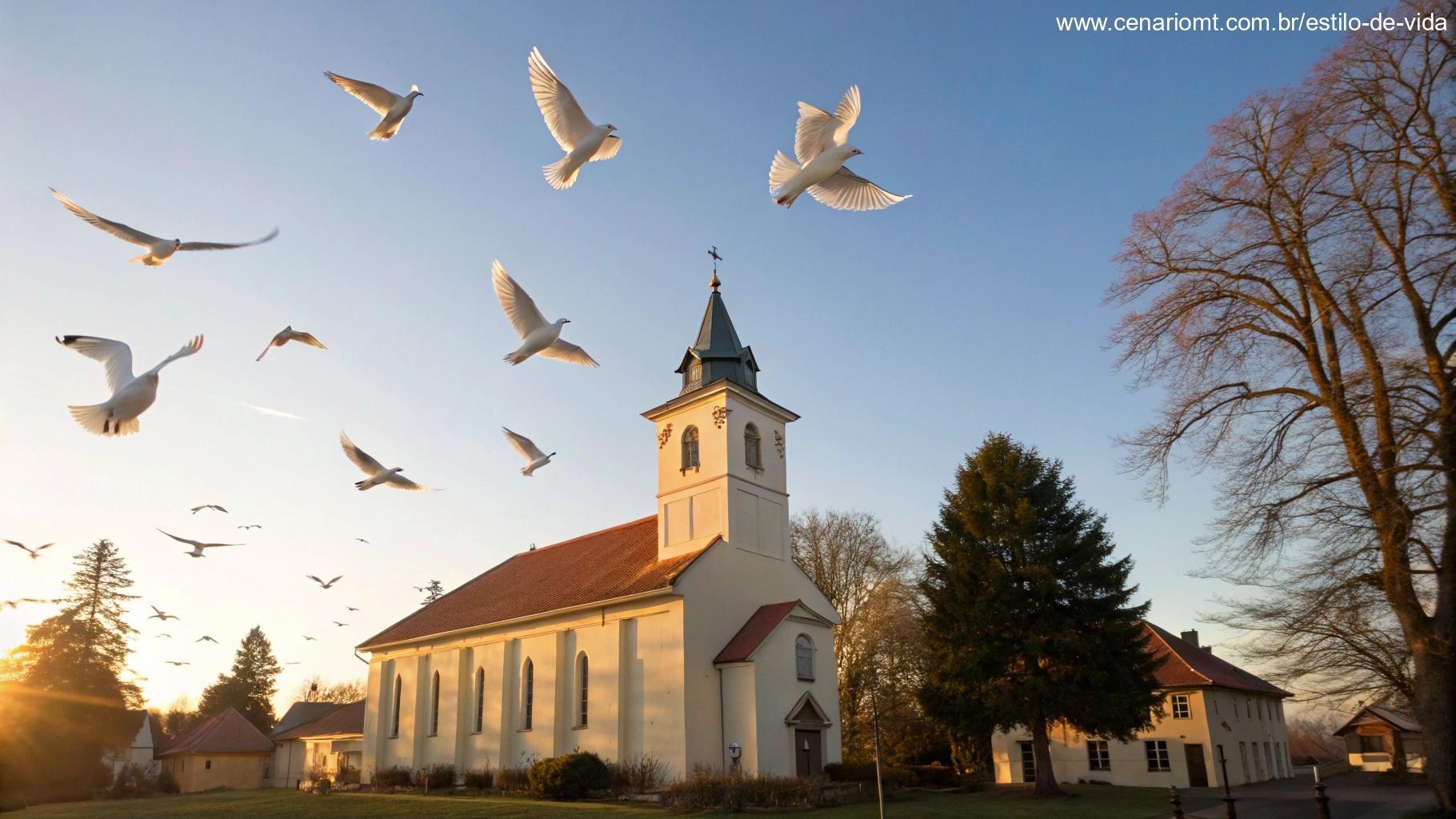 Céu azul com pombas brancas voando sobre uma igreja, simbolizando esperança e bênçãos.
