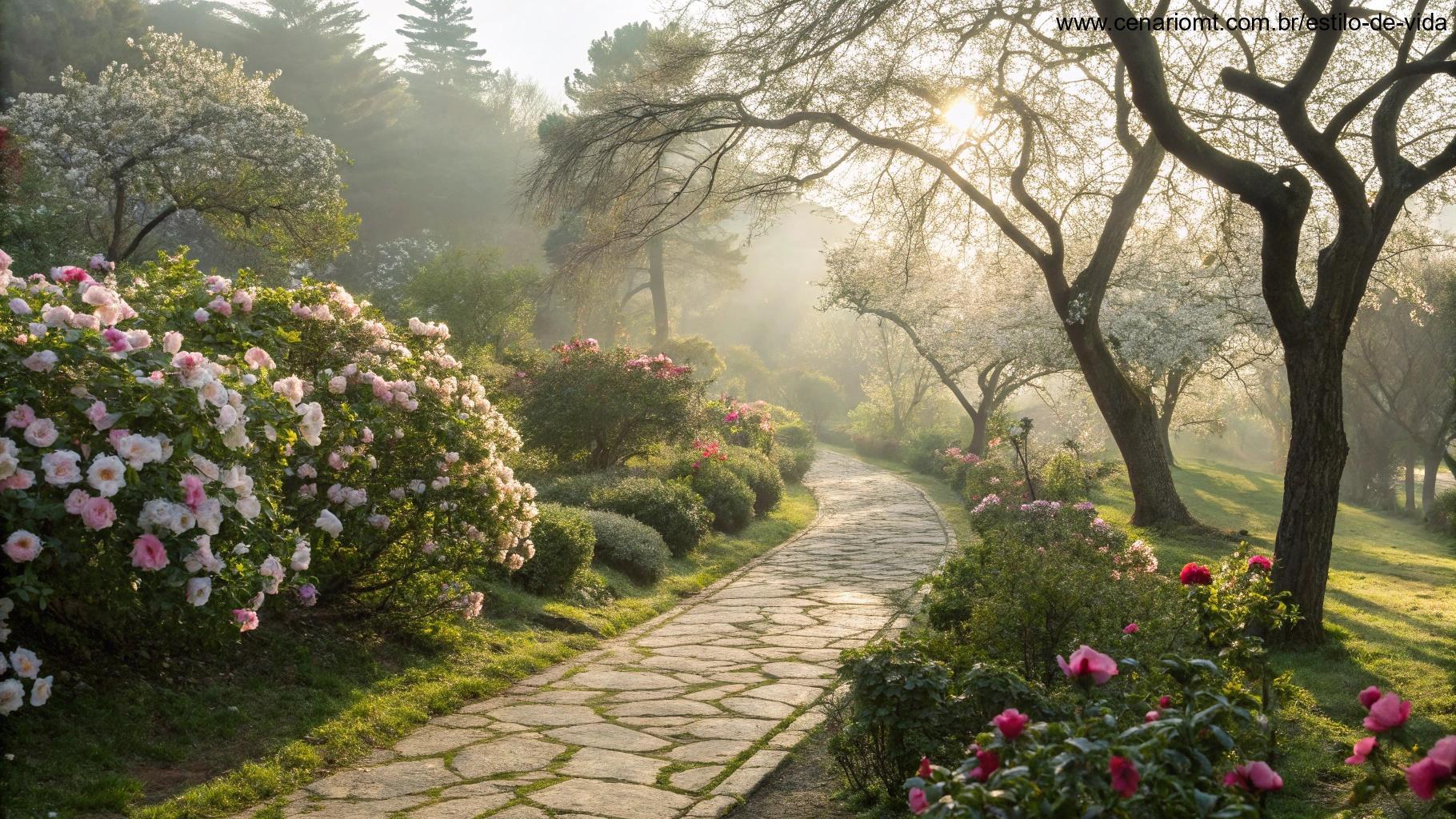 Um jardim pacífico com flores florescendo e luz suave, transmitindo um senso de fé e tranquilidade.