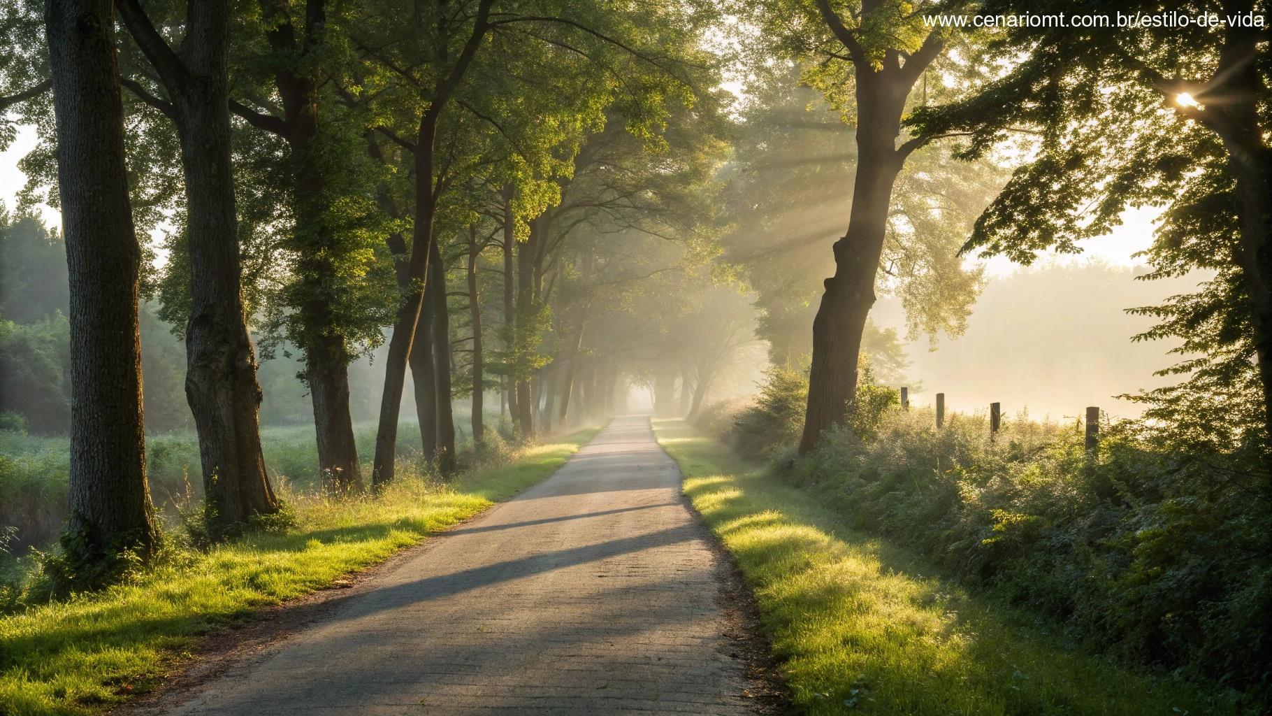 Cena de manhã calma e tranquila com a luz suave do sol filtrando através das árvores, criando sombras longas em um caminho silencioso, ideal para começar o dia com fé e inspiração.