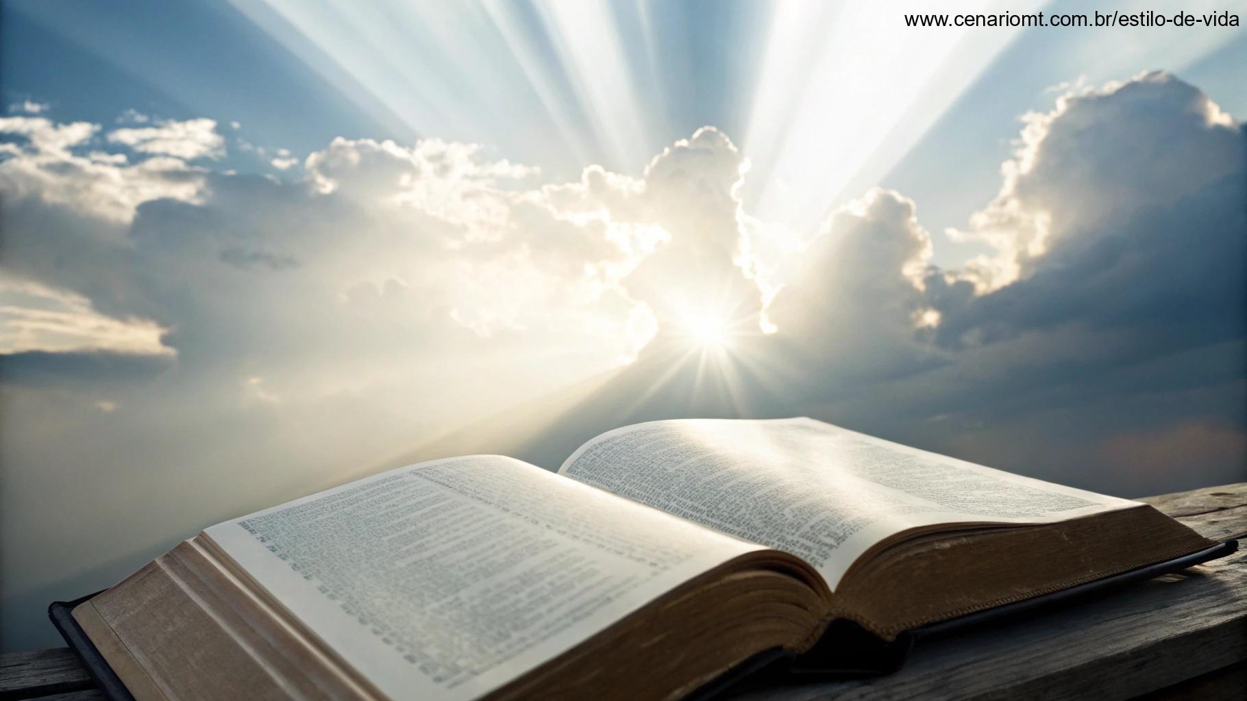 Imagem inspiradora com uma Bíblia aberta irradiando luz, nuvens suaves e raios de sol ao fundo, representando fé e encorajamento para a quinta-feira.