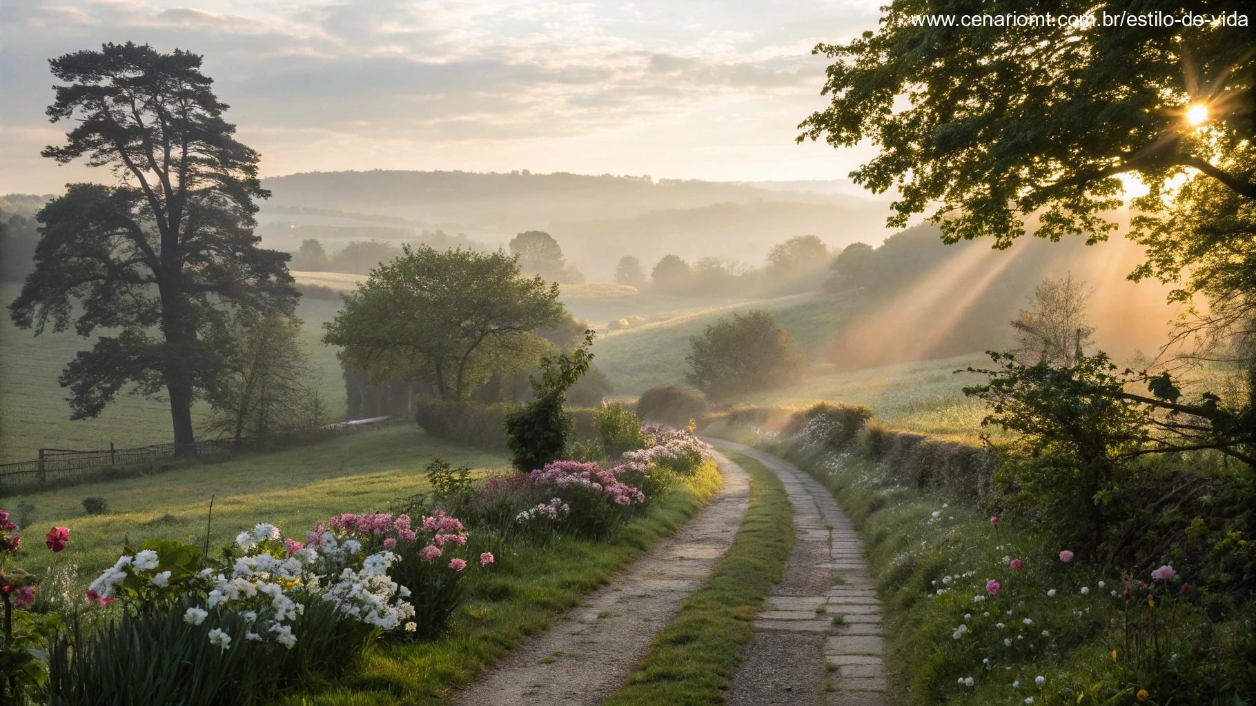 Vista serena do campo ao amanhecer, com raios de luz iluminando um caminho cercado de flores e árvores, transmitindo esperança e fé.