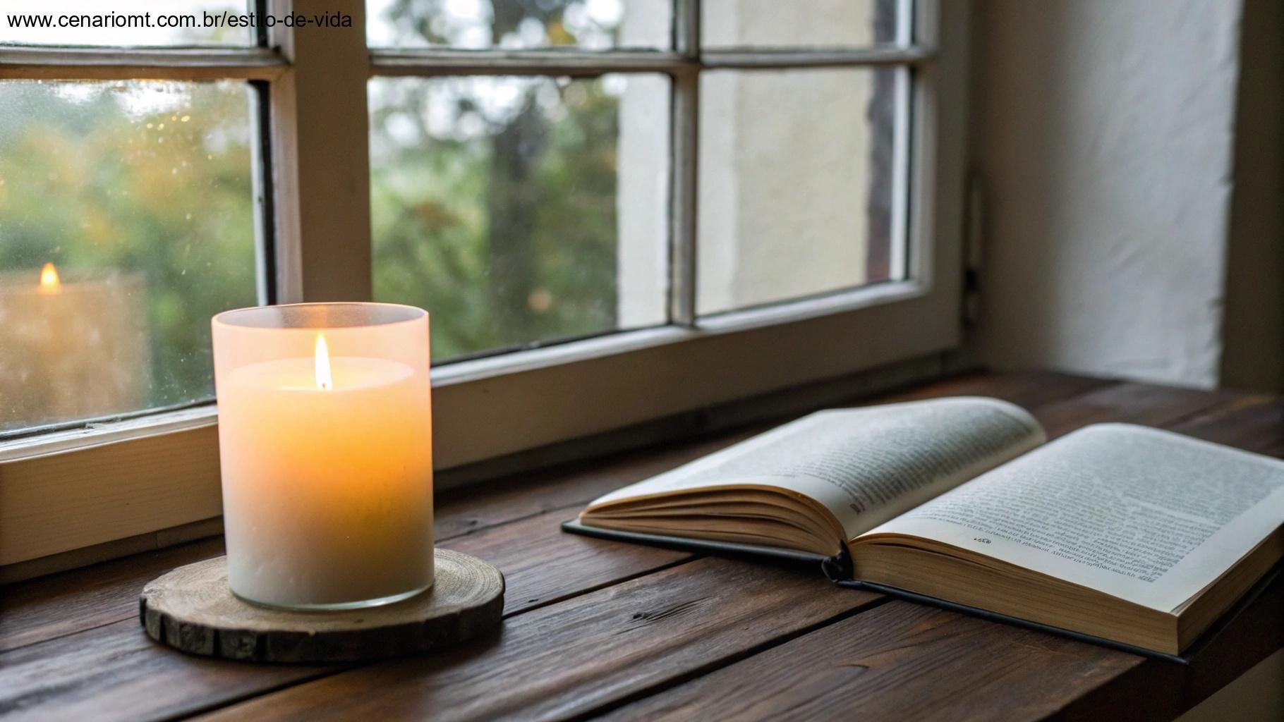 Vela acesa ao lado de um livro aberto com frases inspiradoras, sobre uma mesa de madeira perto de uma janela.