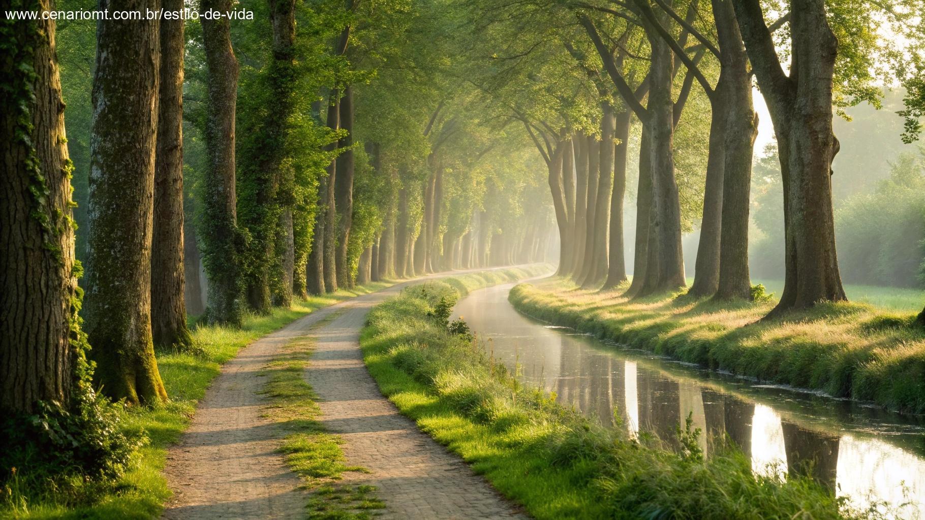 Paisagem serena com uma trilha calma na floresta, ladeada por árvores altas e um riacho suave, simbolizando palavras de sabedoria para inspirar o início de uma nova semana.