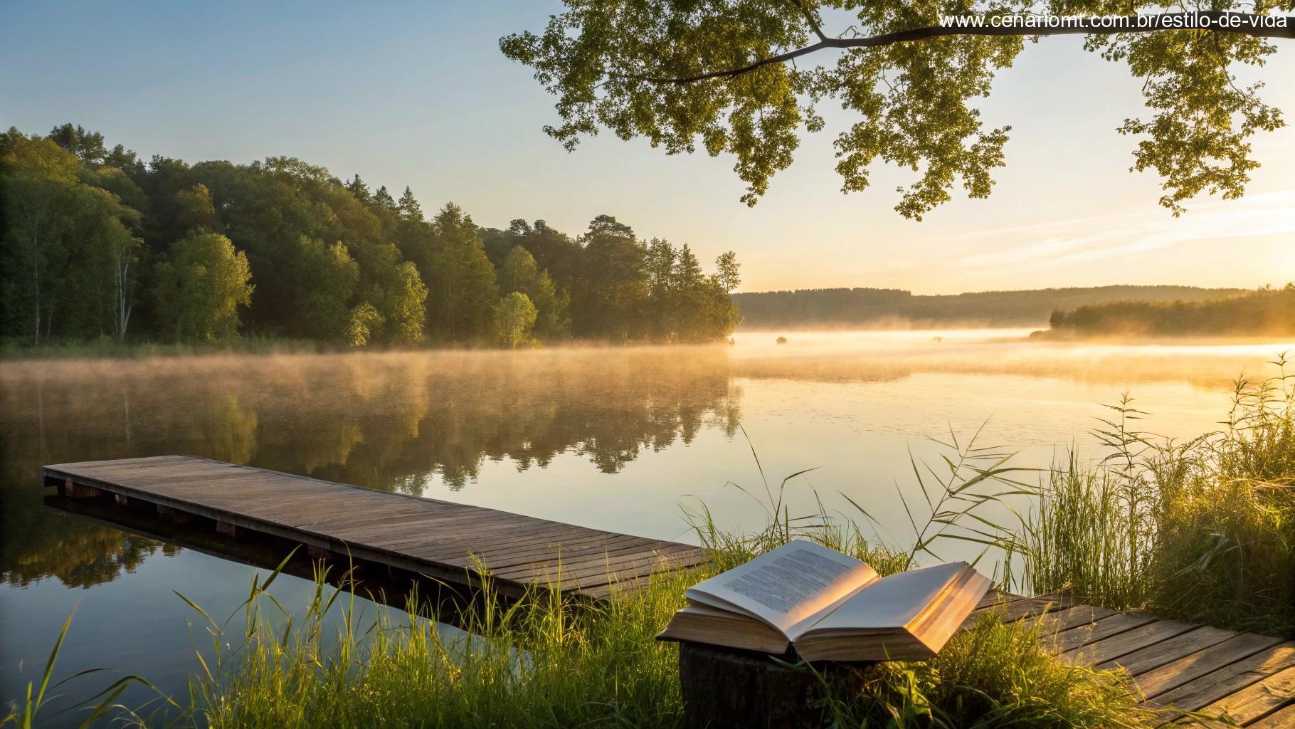 Lago tranquilo refletindo o nascer do sol com um livro aberto sobre um pequeno píer.