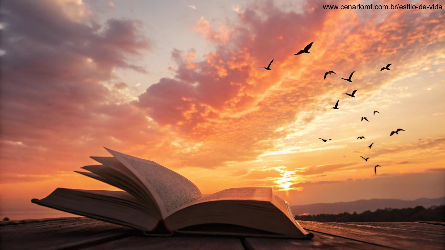 Céu colorido ao amanhecer com pássaros voando e um livro aberto irradiando palavras de força e esperança.