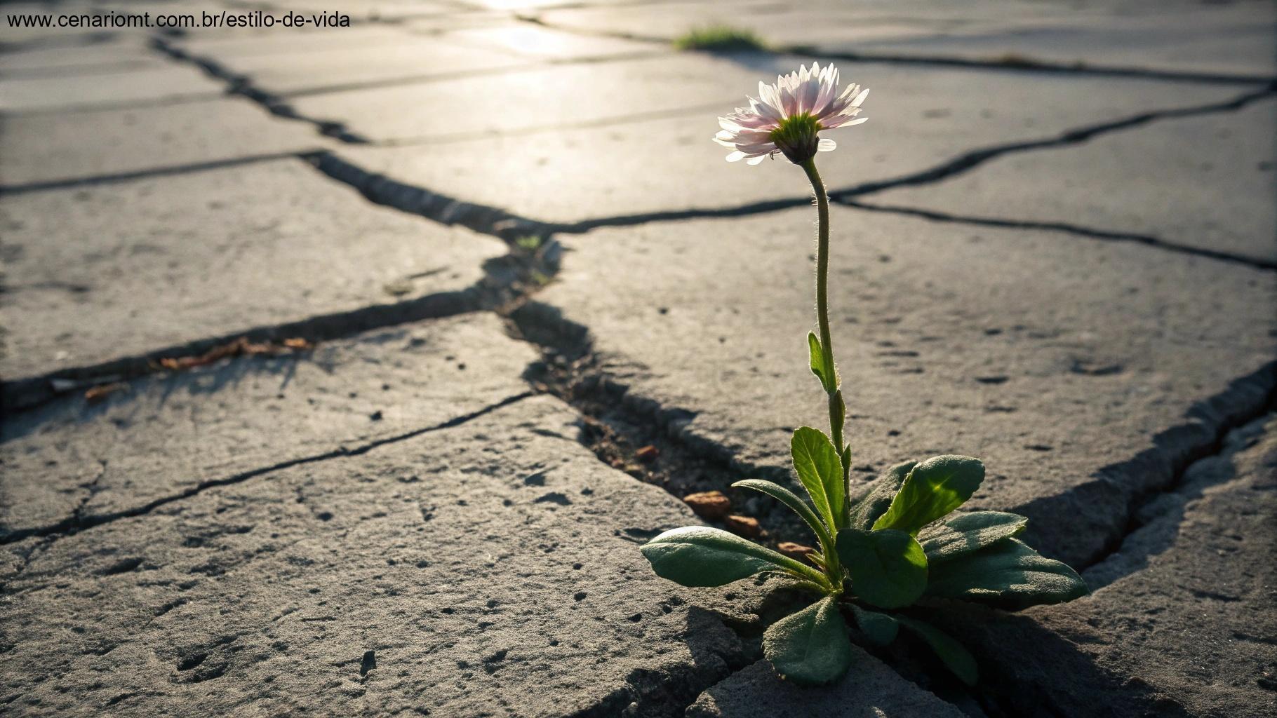 Flor crescendo através de rachaduras no concreto, iluminação dramática