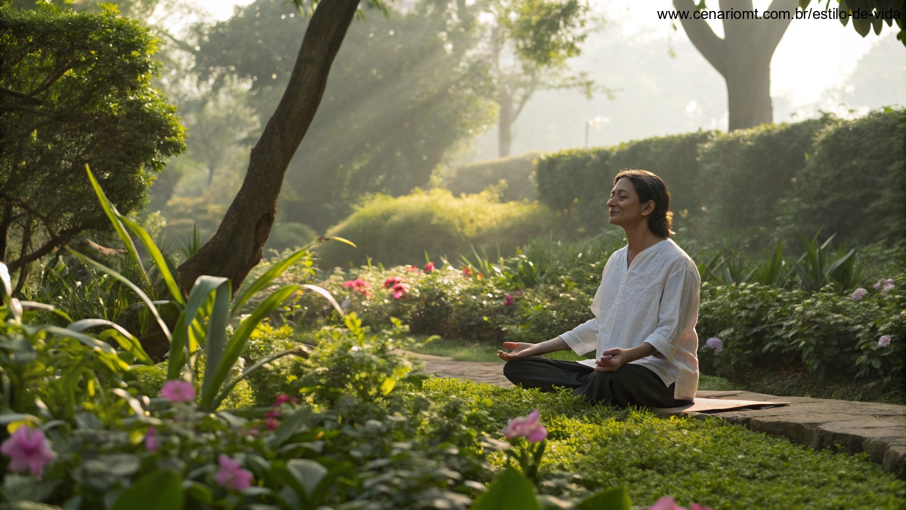 Pessoa meditando em um jardim tranquilo com plantas e flores ao redor.