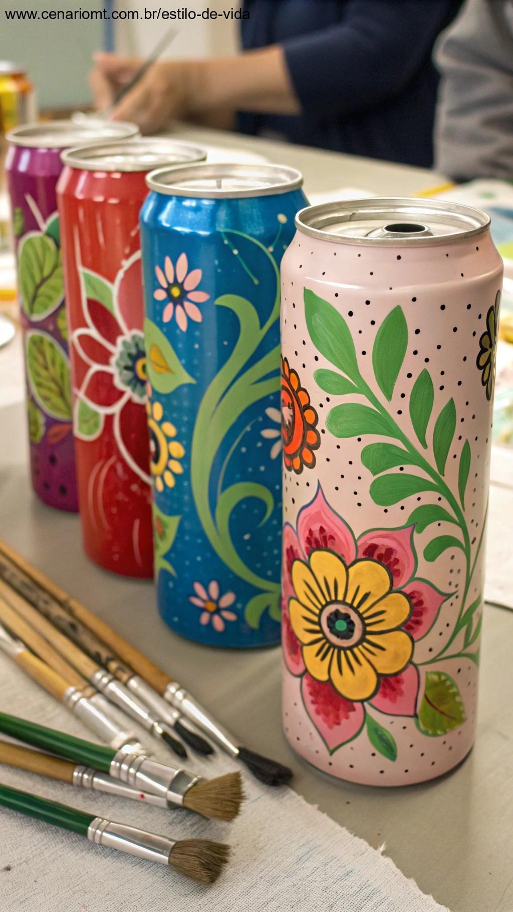 Latas recicladas pintadas e personalizadas com designs criativos.