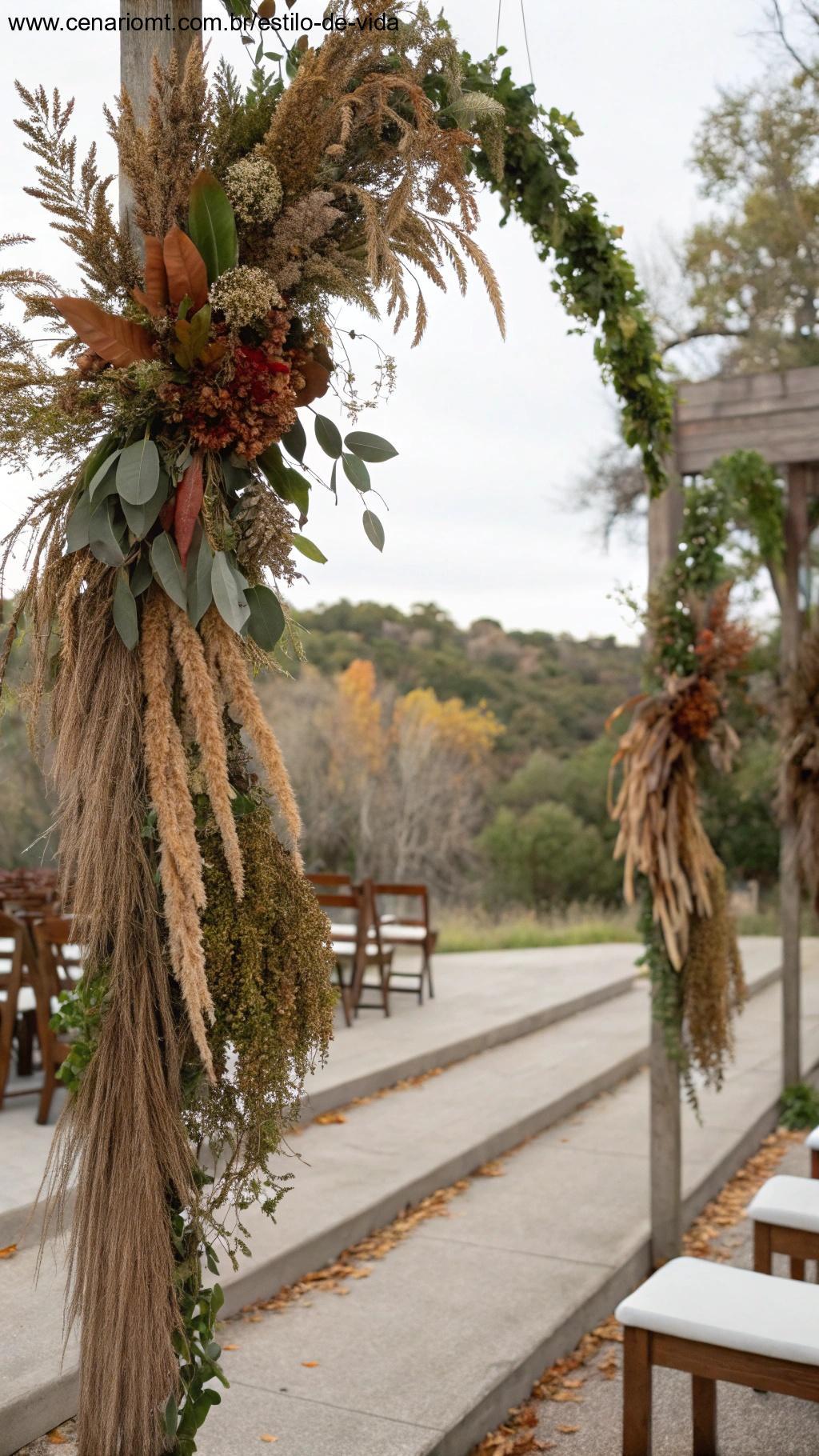 Plantas secas e folhas usadas na decoração do jardim.