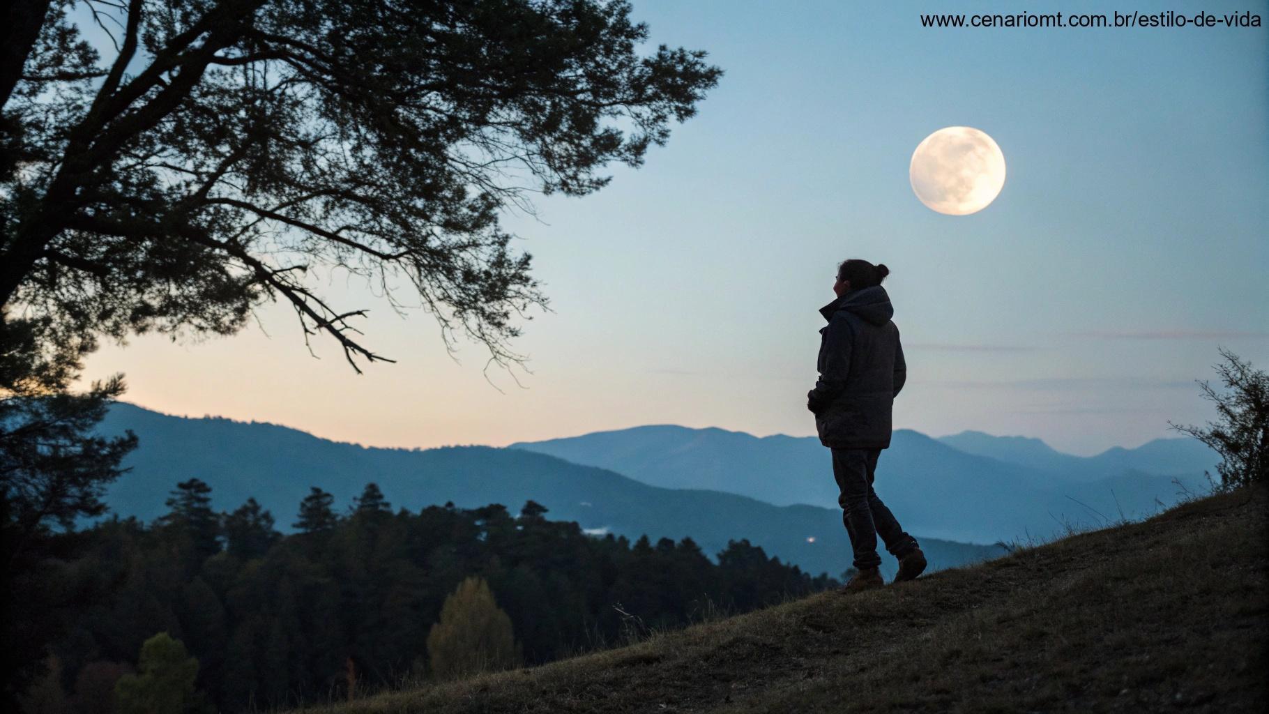 Uma pessoa em pé em uma colina, observando uma lua gibosa minguante no céu noturno, com uma paisagem tranquila de árvores e montanhas ao fundo
