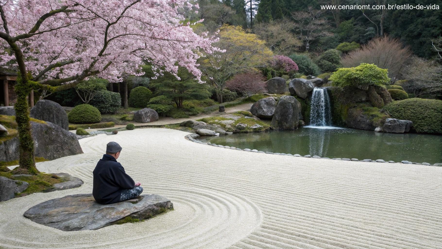 Jardim Zen com um pequeno lago e uma pessoa meditando sob uma cerejeira.