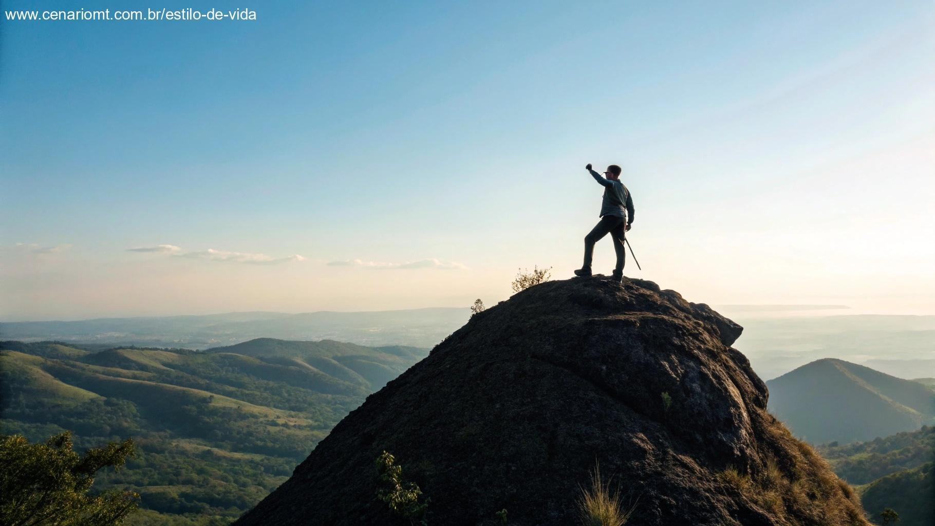 Imagem de um alpinista alcançando o cume, com a vista de um vasto horizonte ao fundo, simbolizando uma semana de conquistas.