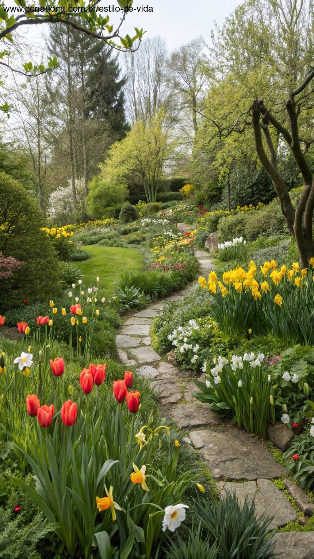 Jardim em pleno florescimento representando o crescimento da primavera