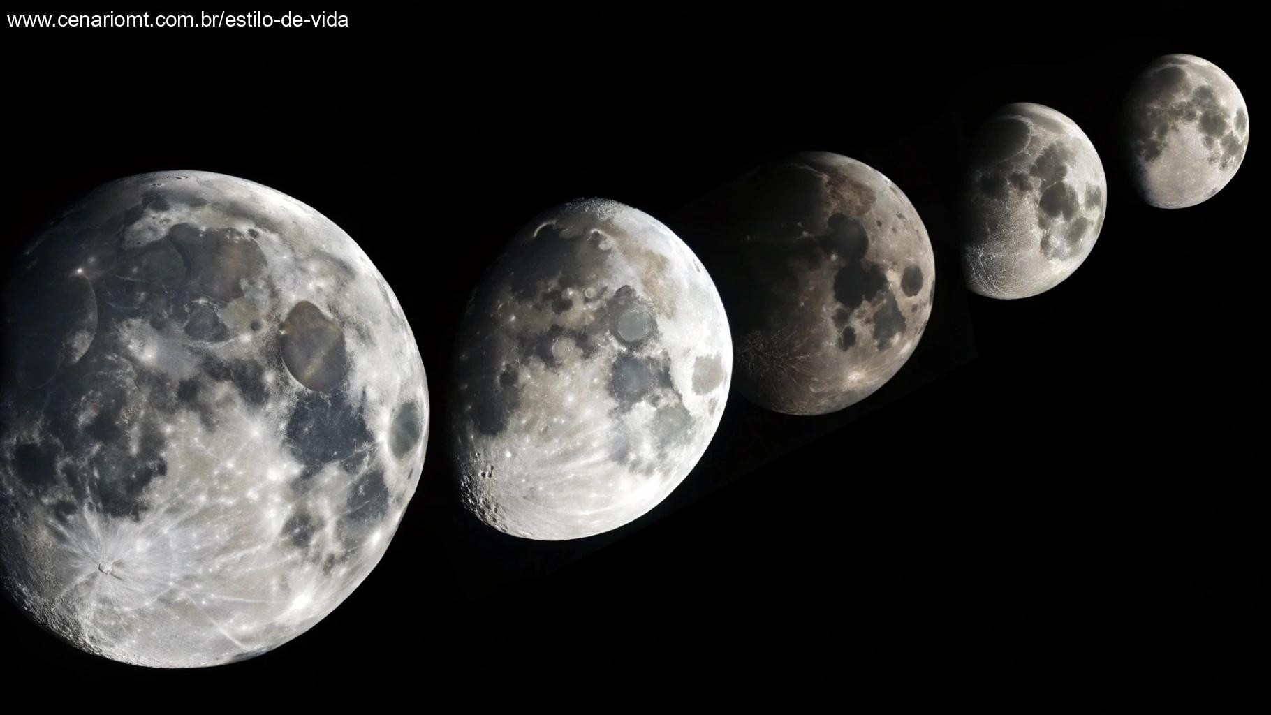 Ilustração mostrando as várias fases da lua, incluindo lua nova, crescente, quarto crescente, gibosa crescente, lua cheia, gibosa minguante, quarto minguante e crescente minguante.