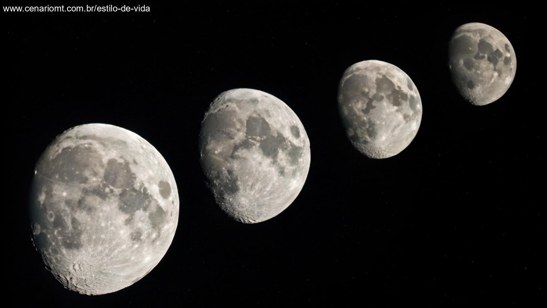 Sequência de quatro fases da lua, de crescente a gibosa, alinhadas contra um fundo espacial
