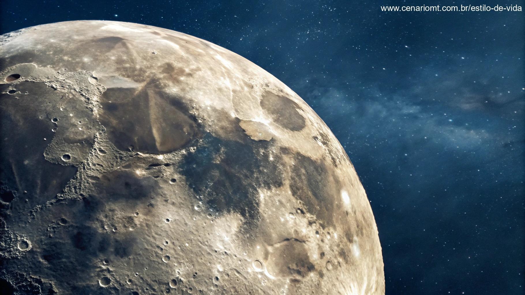 Imagem impressionante da fase atual da Lua, mostrando detalhes da superfície e o brilho contra o céu noturno.