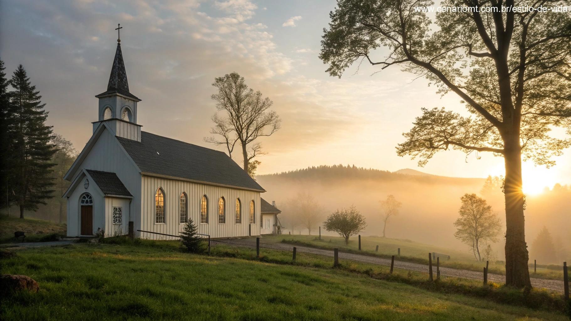 Igreja tranquila com luz suave entrando pelas janelas, simbolizando a paz de Deus que nos envolve nesta manhã de sexta-feira.