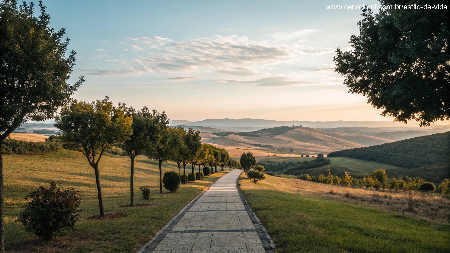 Paisagem calma com um caminho levando ao horizonte, simbolizando paz, tranquilidade e a conexão com a presença de Deus.