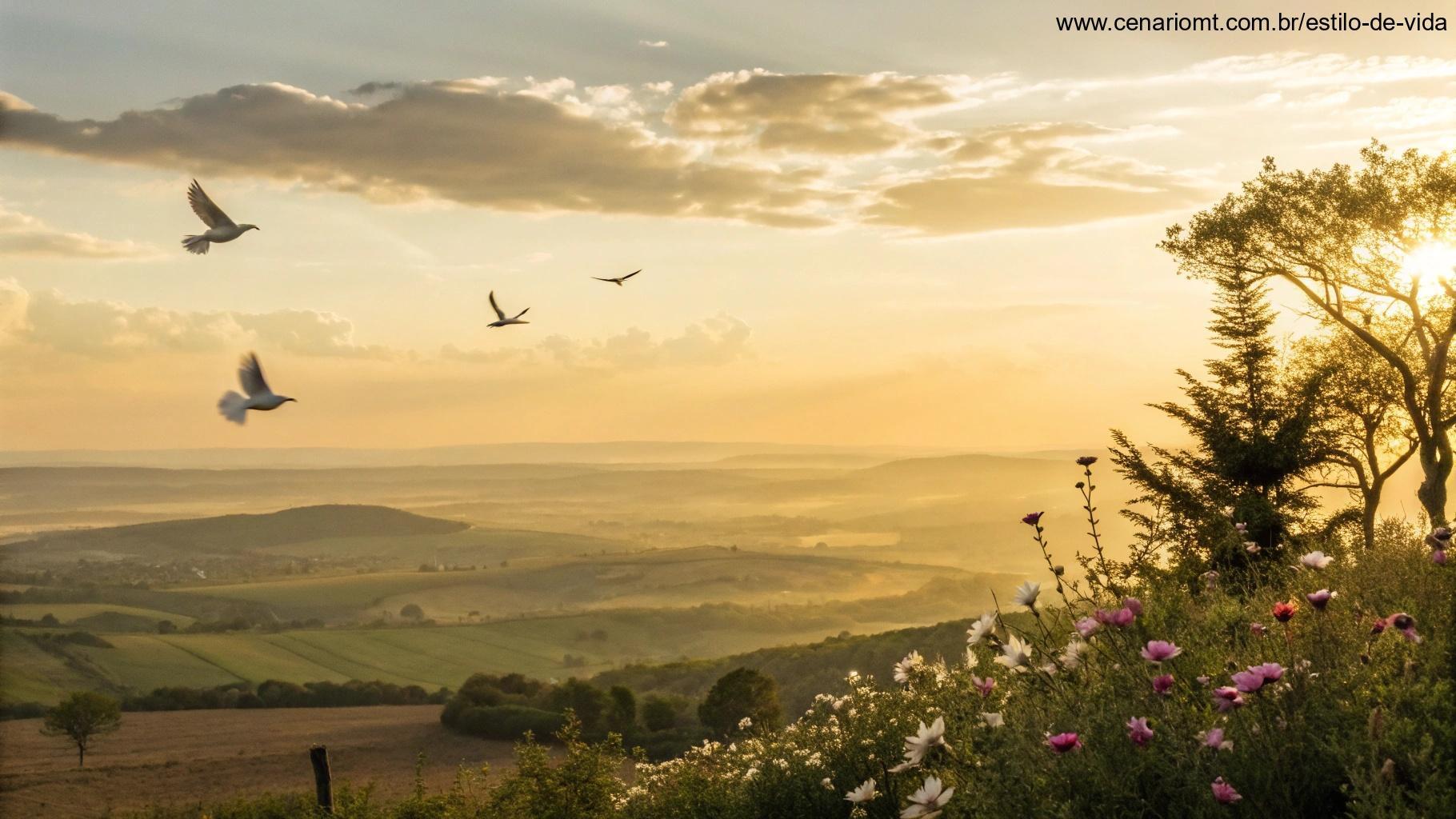 Paisagem pacífica com horizonte banhado por luz dourada suave, simbolizando esperança e paz, com elementos sutis como pombas em voo e flores desabrochando.