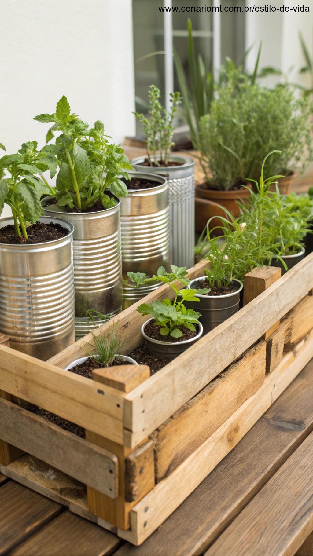 Jardim de temperos feito com latas e potes reaproveitados.