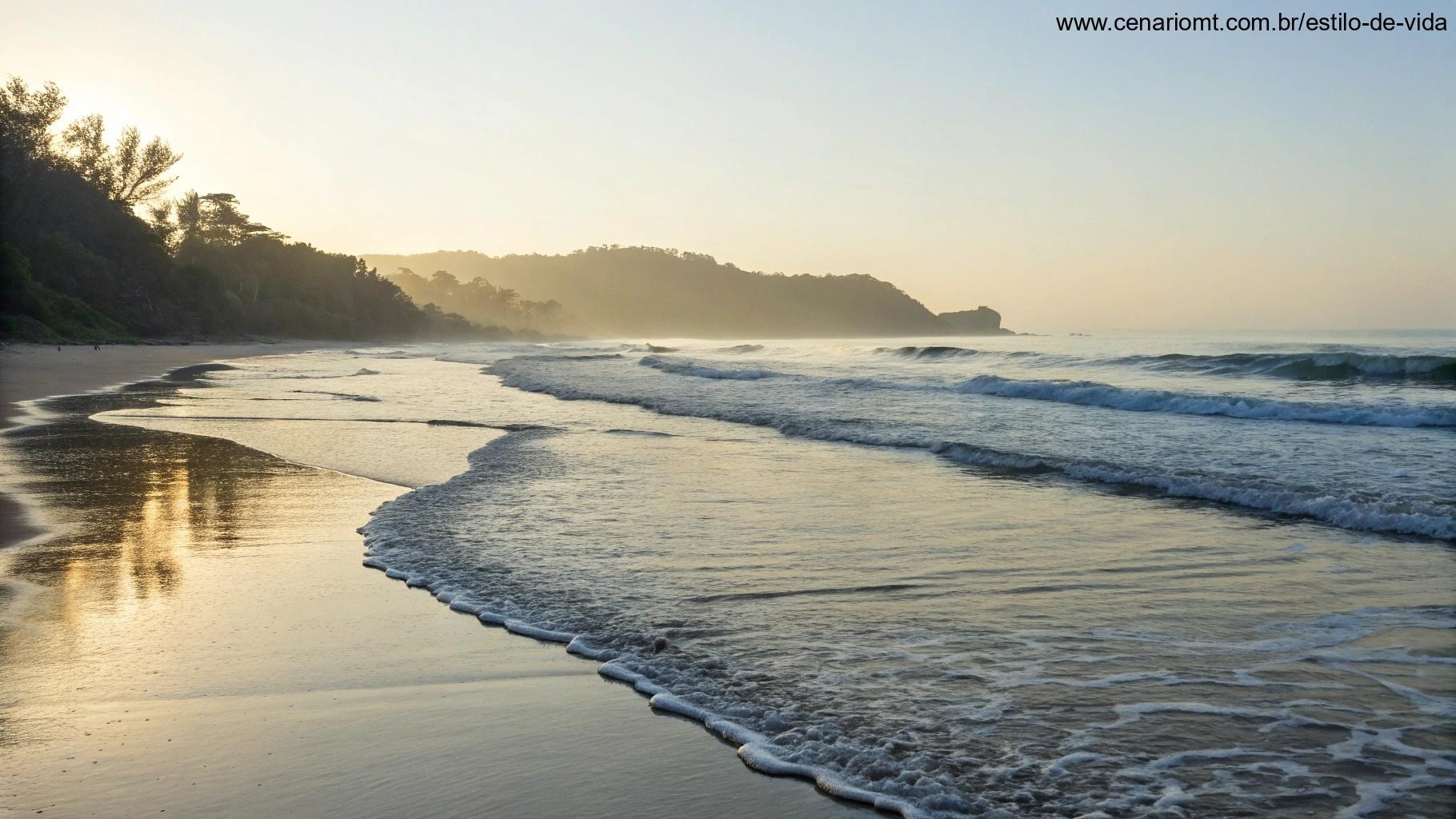 Praia tranquila com luz suave refletindo na água calma, simbolizando renovação da fé.