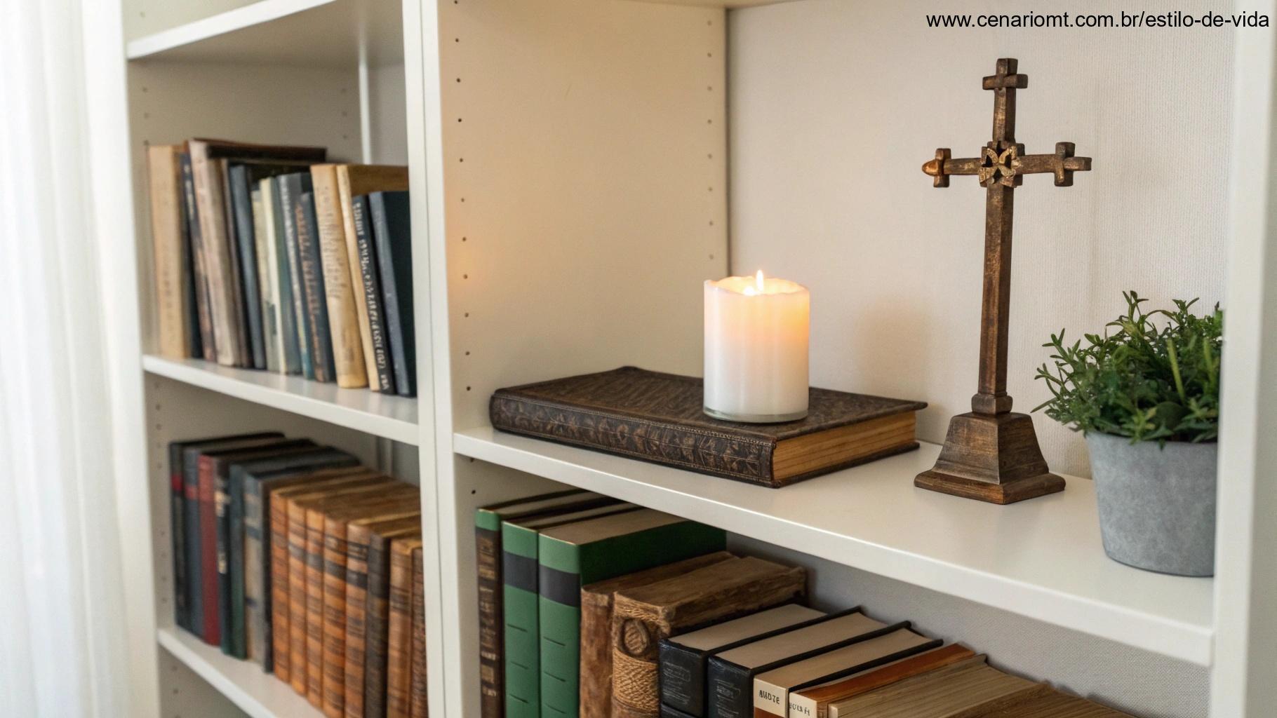 Estante de livros cheia de livros espirituais, uma vela e uma cruz, representando recursos para fortalecer a fé