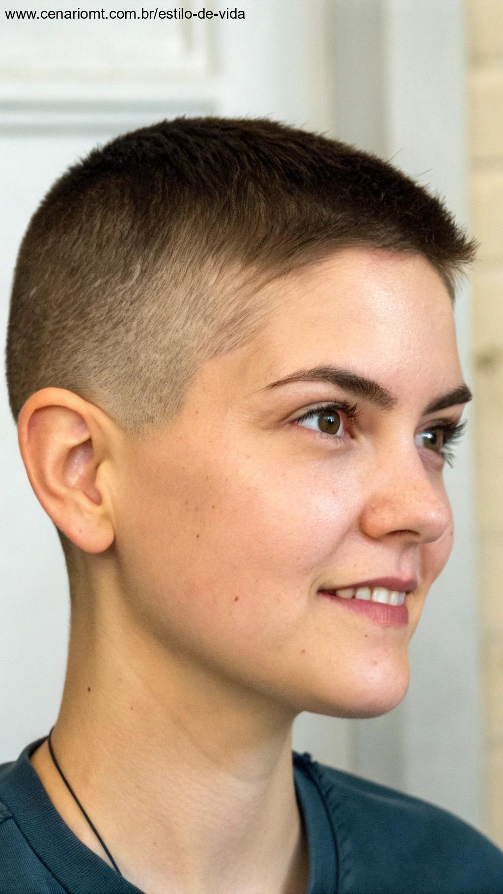 Redefine o rosto, uma pessoa com cabelo curto exibindo uma expressão confiante, com as características faciais lindamente emolduradas pelo corte de cabelo.
