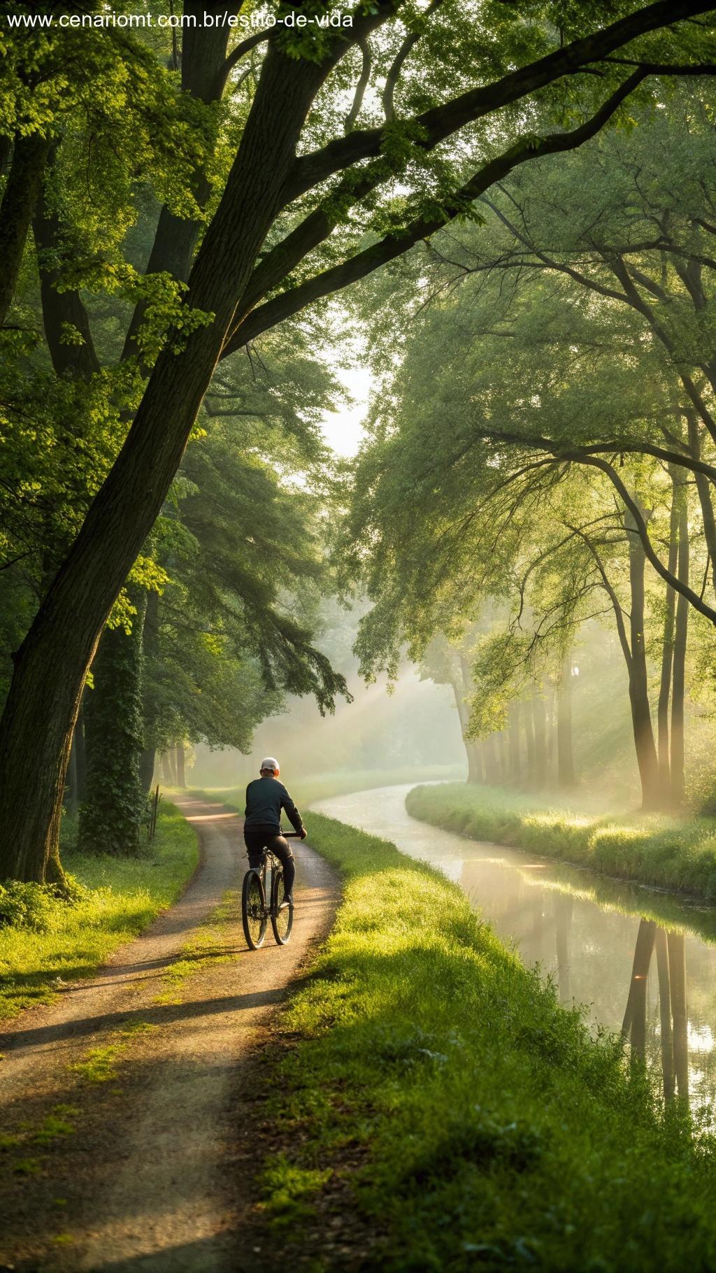 Ciclista passeando calmamente por floresta tranquila