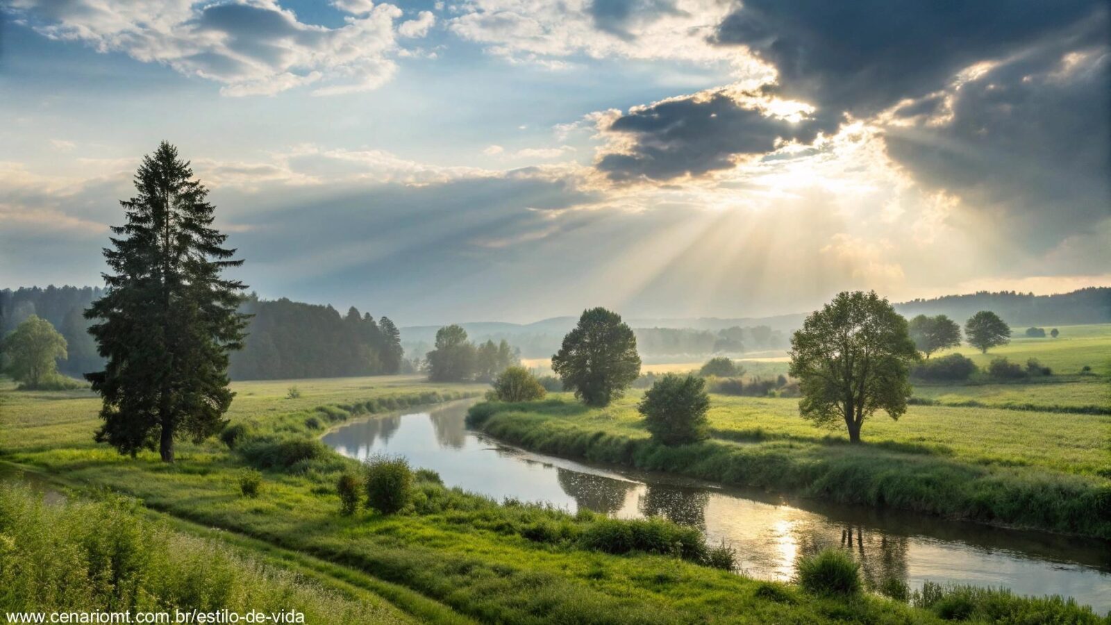 Uma paisagem serena e tranquila com luz suave filtrando pelas nuvens, mostrando um rio calmo cercado por campos verdes e árvores altas. A cena evoca calma e esperança, simbolizando a paz e esperança encontradas na Palavra de Deus.