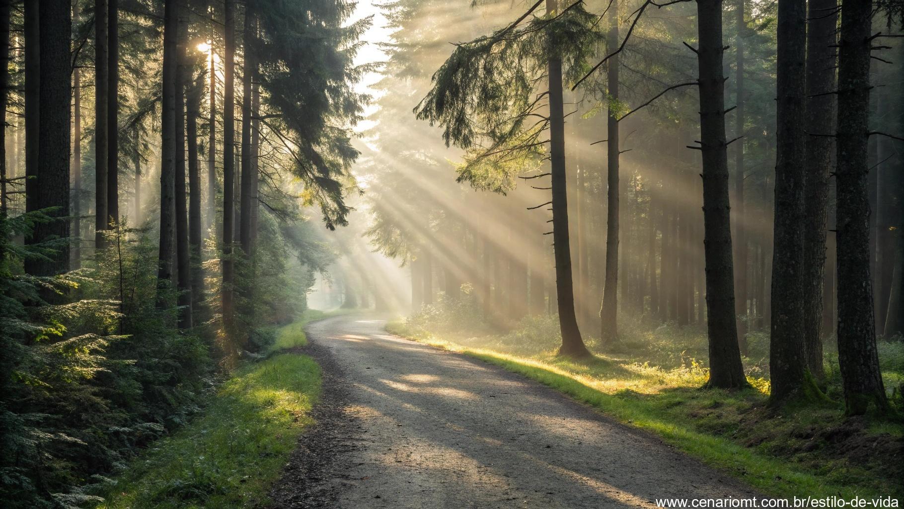 Trilha na floresta ao amanhecer com raios de luz filtrando pelas árvores.