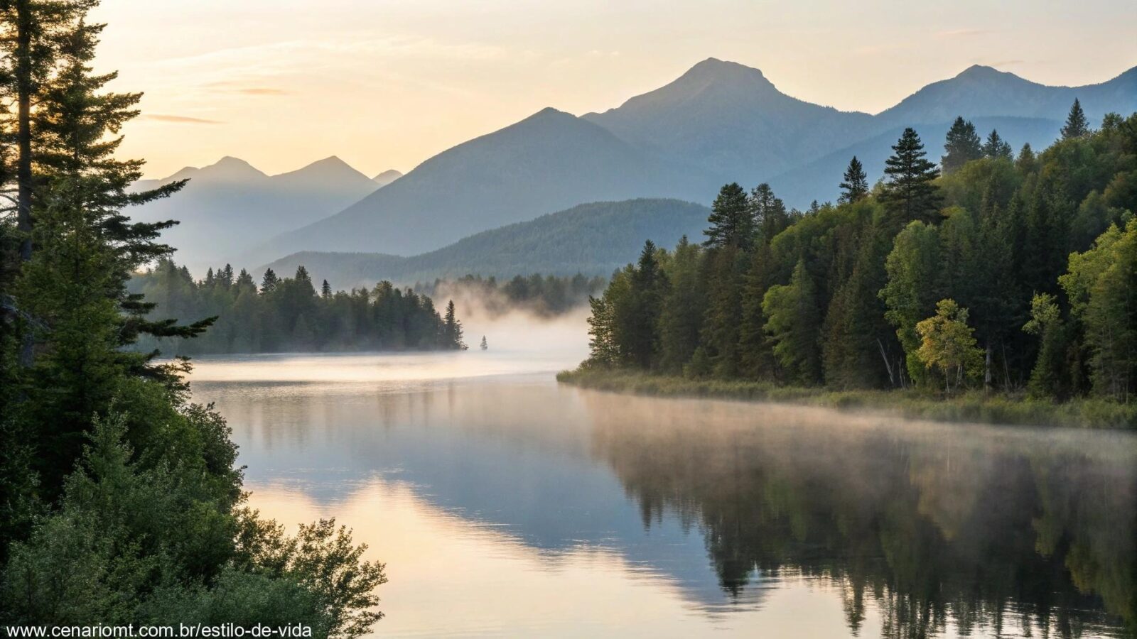 Paisagem serena com um lago calmo, árvores ao redor e montanhas ao fundo, com luz suave refletindo na água.