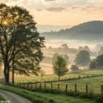 Paisagem serena e tranquila no campo ao amanhecer, refletindo uma sensação de força e calma.