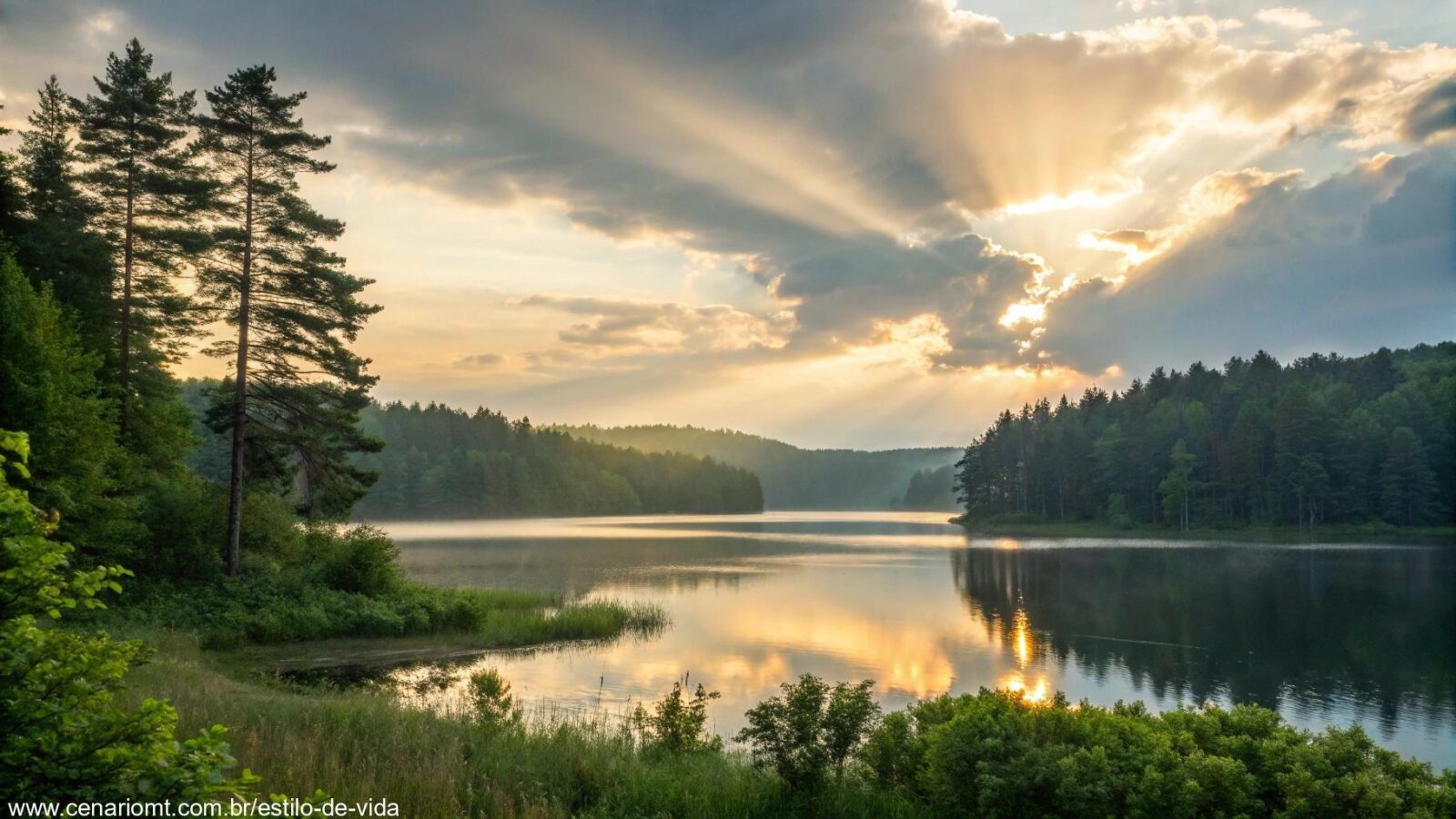 Paisagem serena ao amanhecer, com raios suaves de luz quebrando as nuvens sobre um lago tranquilo cercado por florestas verdes.