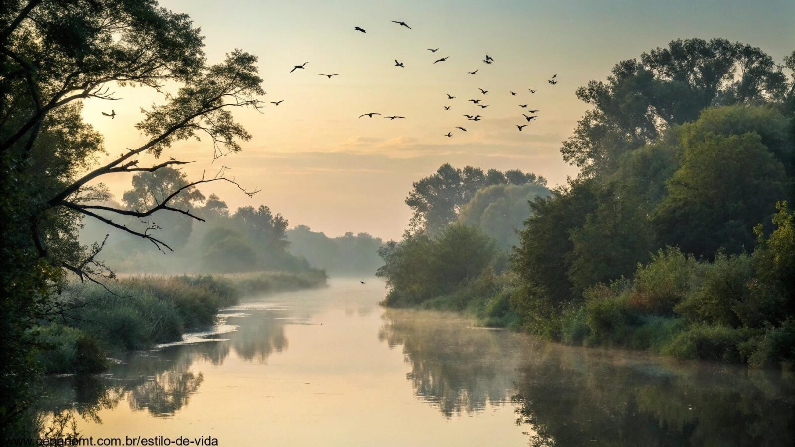 Cenário sereno e tranquilo com luz suave da manhã passando pelas árvores, um rio calmo fluindo e pássaros voando no céu, simbolizando tranquilidade e reflexão.