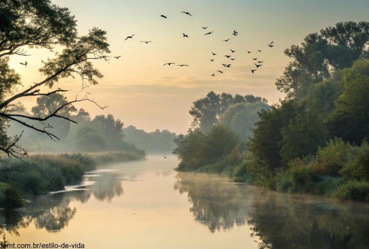Cenário sereno e tranquilo com luz suave da manhã passando pelas árvores, um rio calmo fluindo e pássaros voando no céu, simbolizando tranquilidade e reflexão.