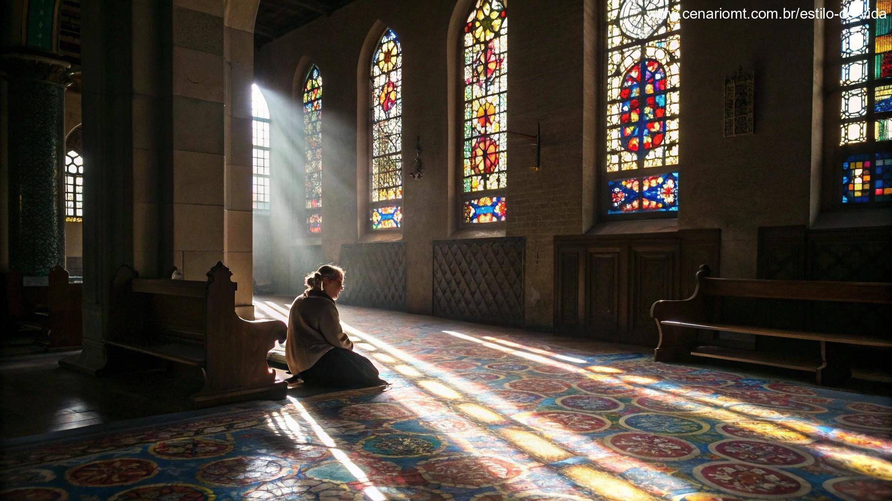 Interior de uma igreja contemplativa, luz suave entrando pelas janelas de vidro colorido, criando uma atmosfera de paz, com uma pessoa sentada em oração, imersa em reflexão.