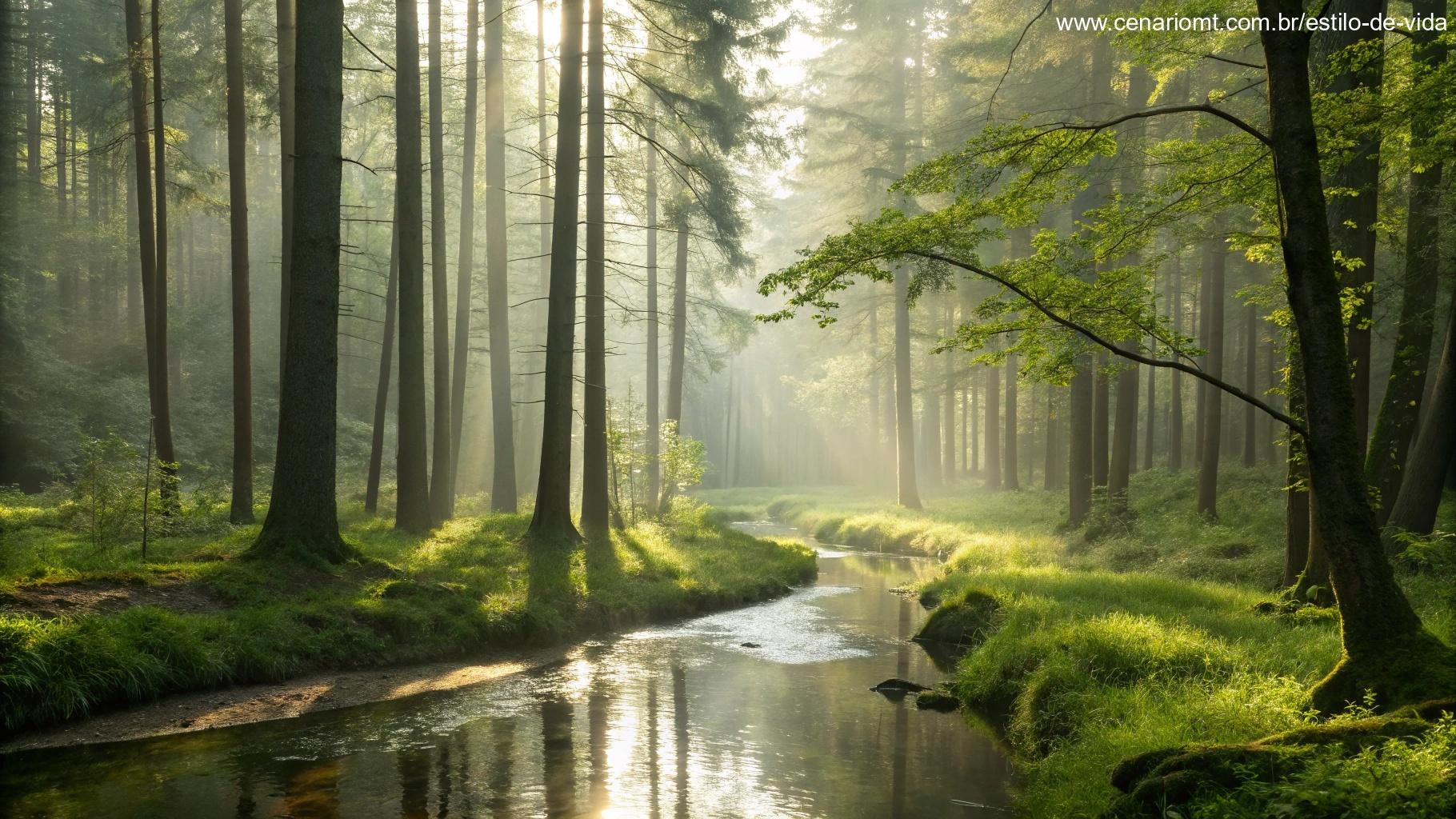 Cena tranquila da natureza com uma floresta silenciosa, luz suave do sol passando pelas árvores, e um riacho fluindo pela floresta, simbolizando paz e reflexão para os católicos de hoje.