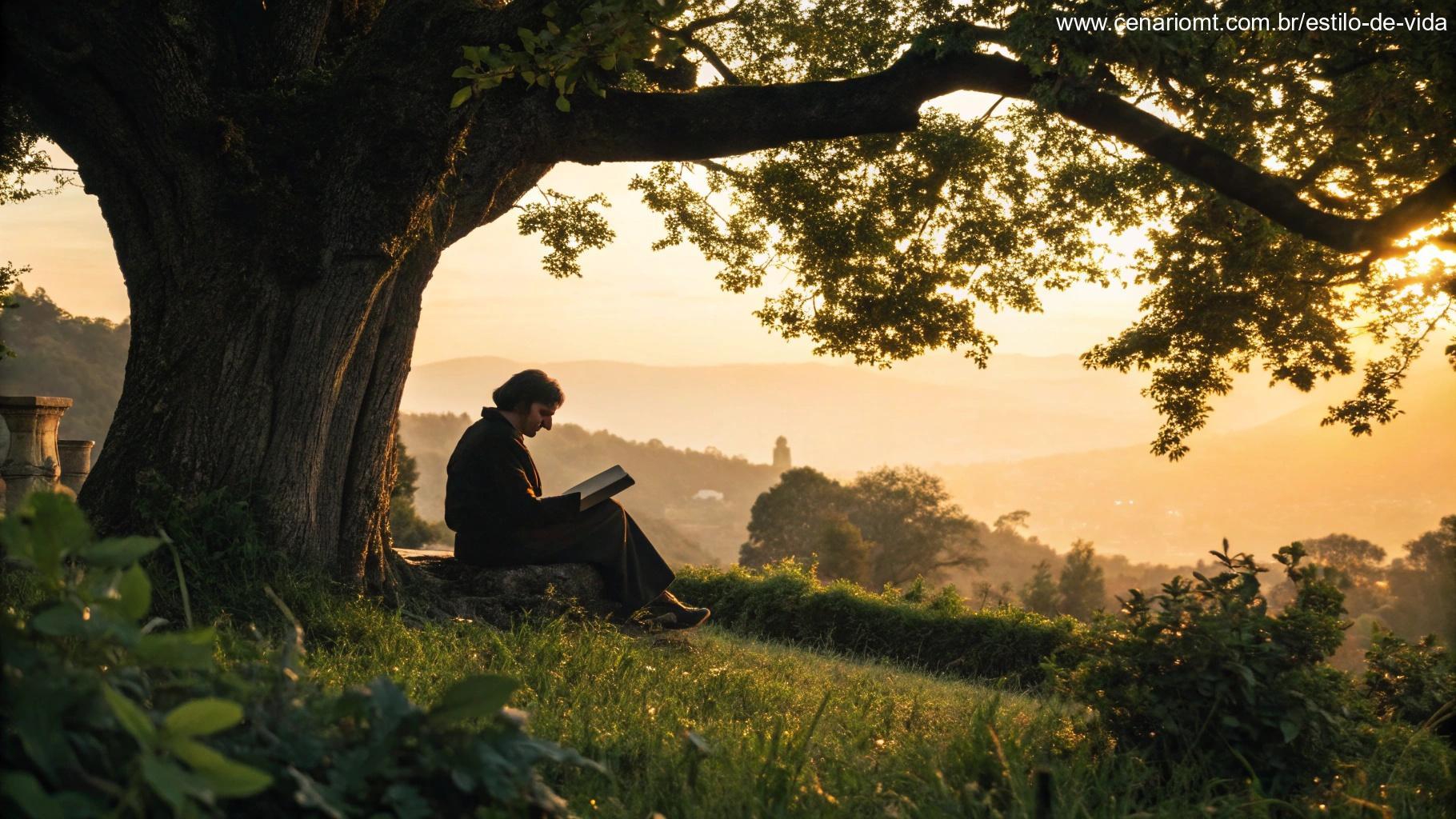 Pessoa contemplativa lendo a Bíblia sob uma árvore em um jardim tranquilo ao pôr do sol.