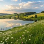 Paisagem tranquila e serena com luz suave do sol, um lago calmo refletindo o céu e campos verdes com flores silvestres, simbolizando esperança e fé.