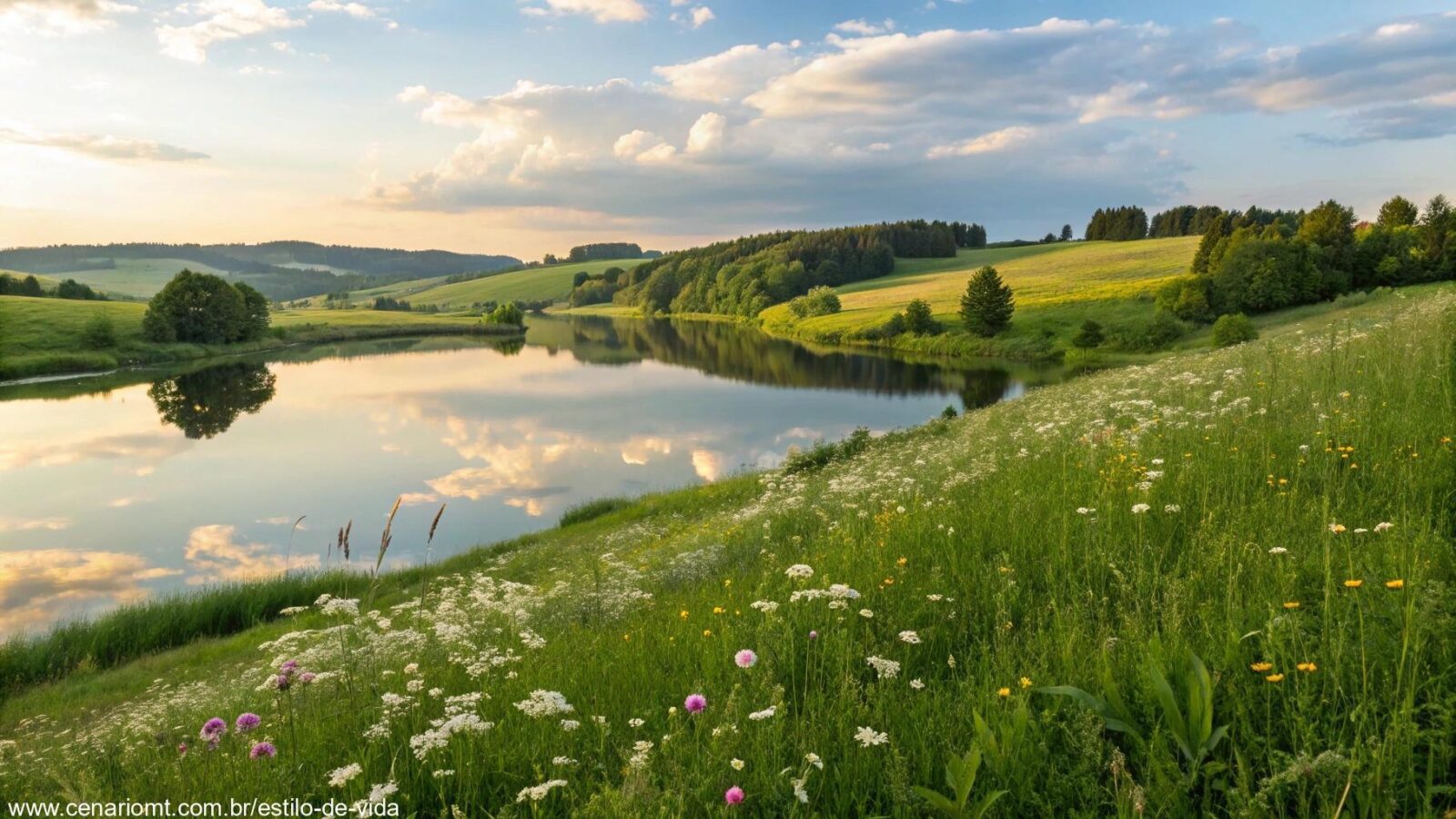Paisagem tranquila e serena com luz suave do sol, um lago calmo refletindo o céu e campos verdes com flores silvestres, simbolizando esperança e fé.