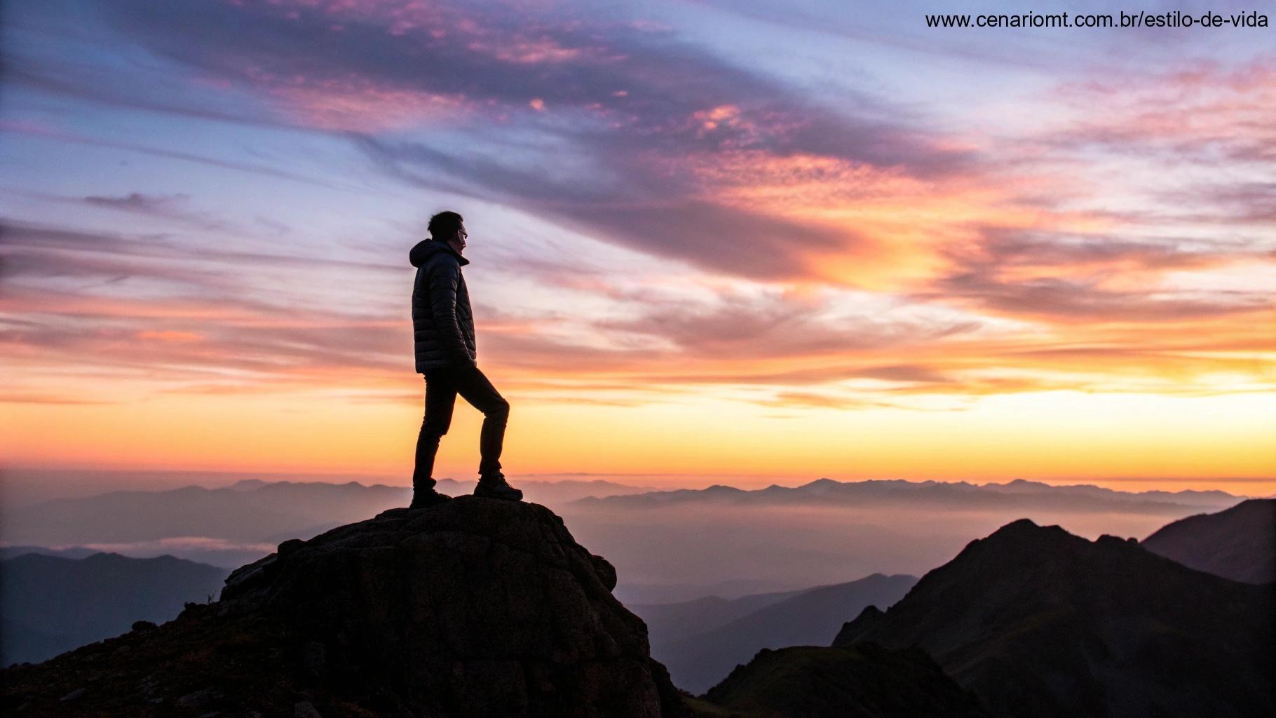 Pessoa no topo de uma montanha ao nascer do sol, simbolizando superação de desafios